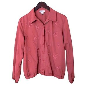 Vintage Alfred Dunner Butterfly Embroidered Button Up Pink Moto Jacket Size 12P